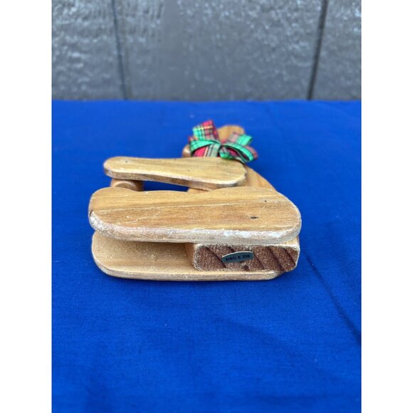 Vintage Wooden Teddy Bear Candle Holder With Plaid Bow Decoration - Picture 5 of 6